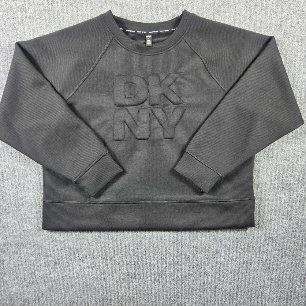 DKNY Sport Sweatshirt Womens Medium Black Ribbed Embossed Logo Pullover